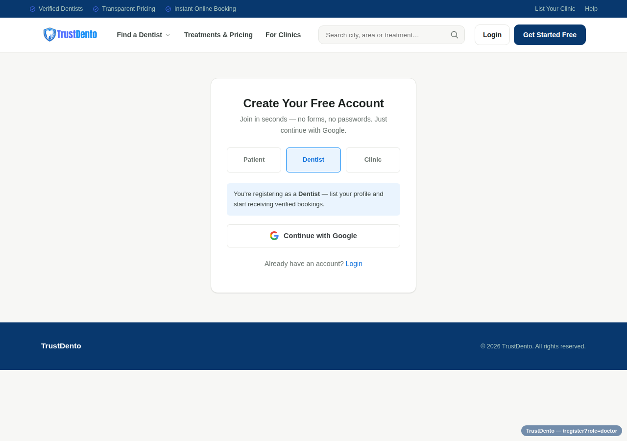 TrustDento account creation screen with Dentist role selected