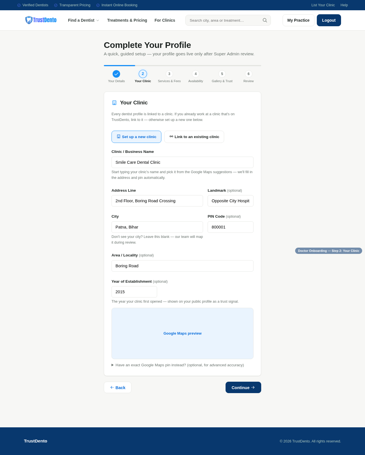 Onboarding wizard Step 2: Your Clinic