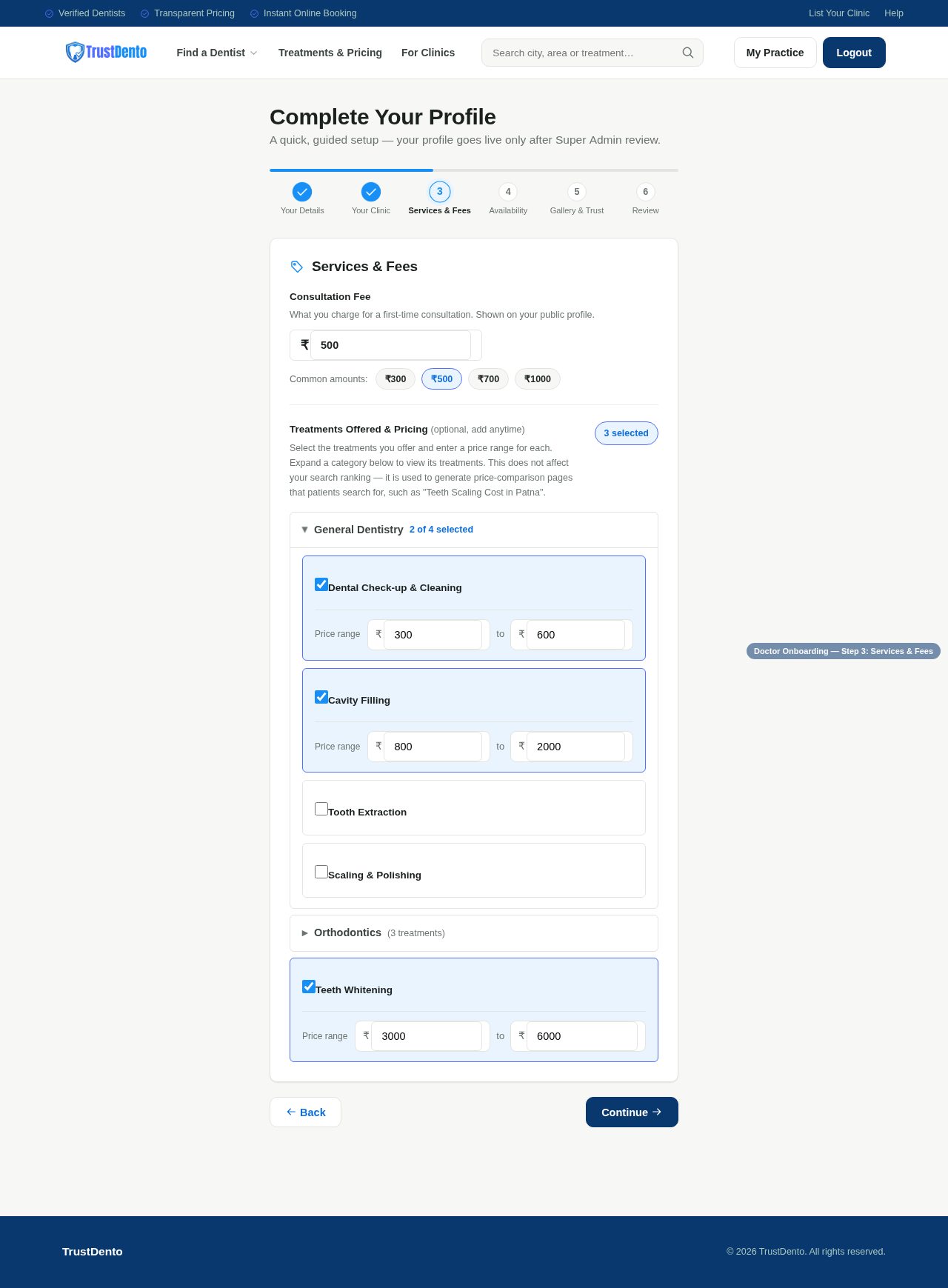 Onboarding wizard Step 3: Services and Fees