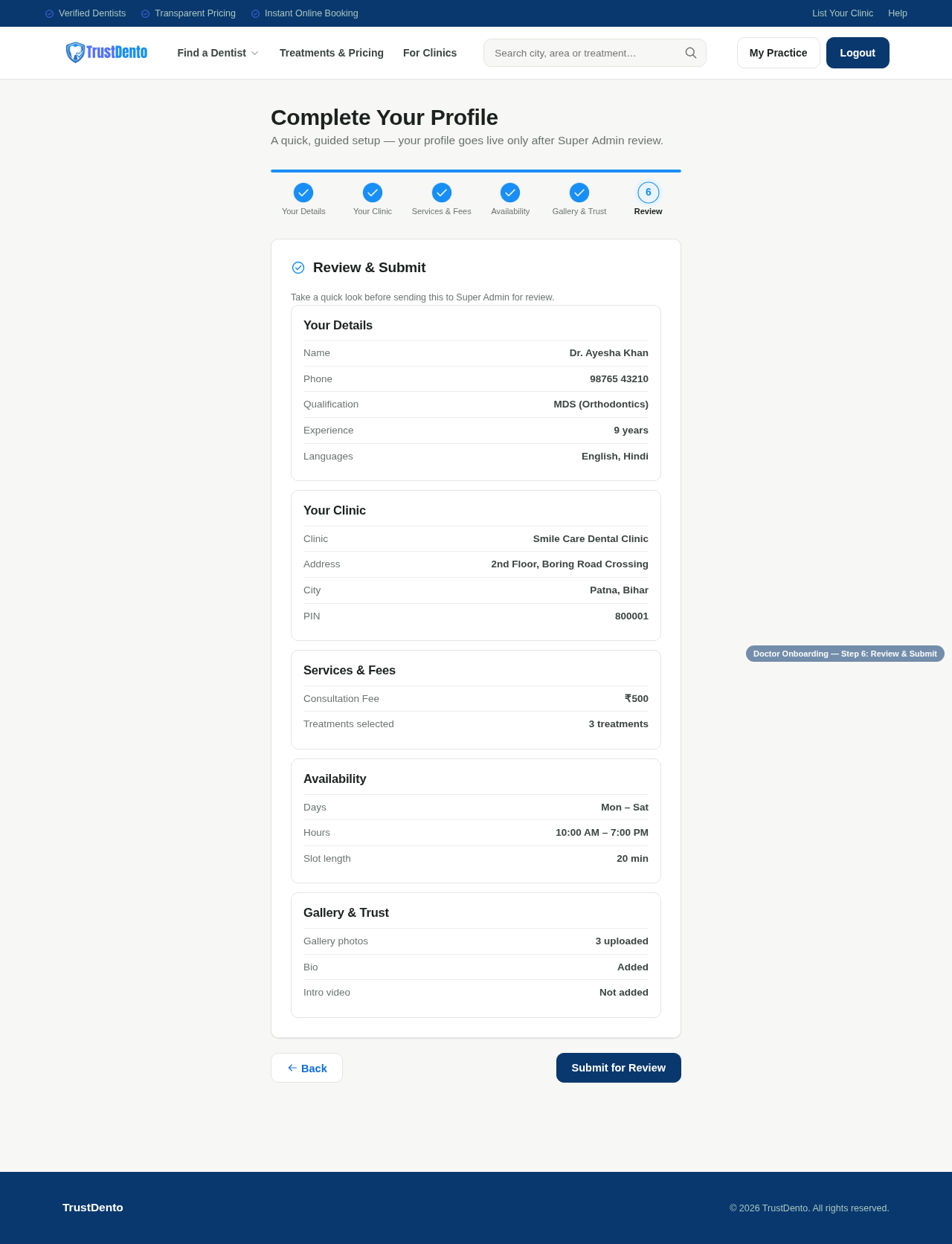 Onboarding wizard Step 6: Review and Submit