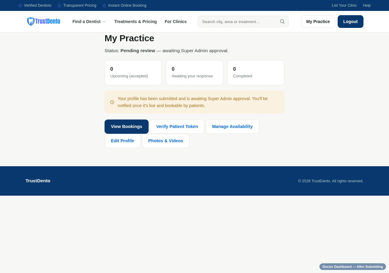 My Practice dashboard showing Pending review status